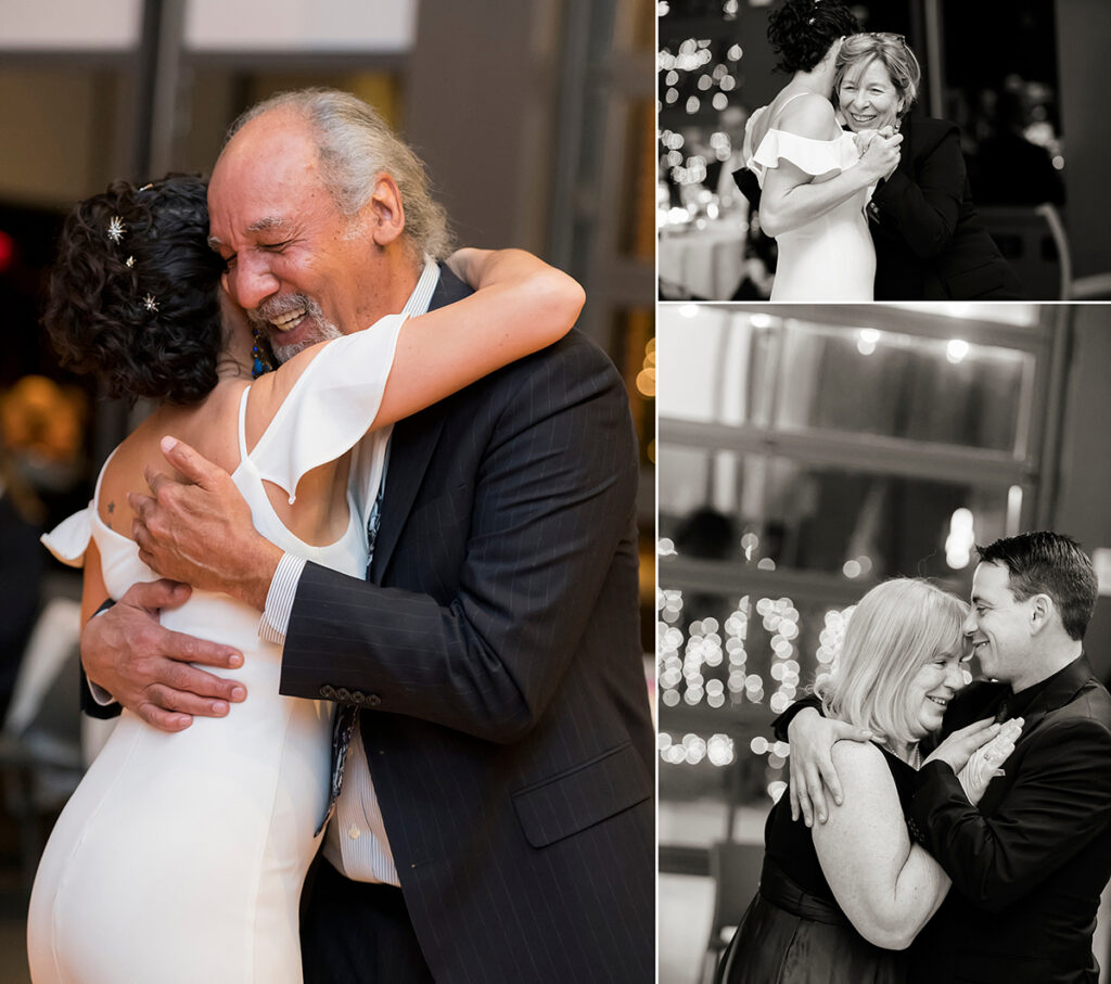 bride and groom dance with their parents at wedding reception on wedding day at The Asbury Hotel in Asbury Park