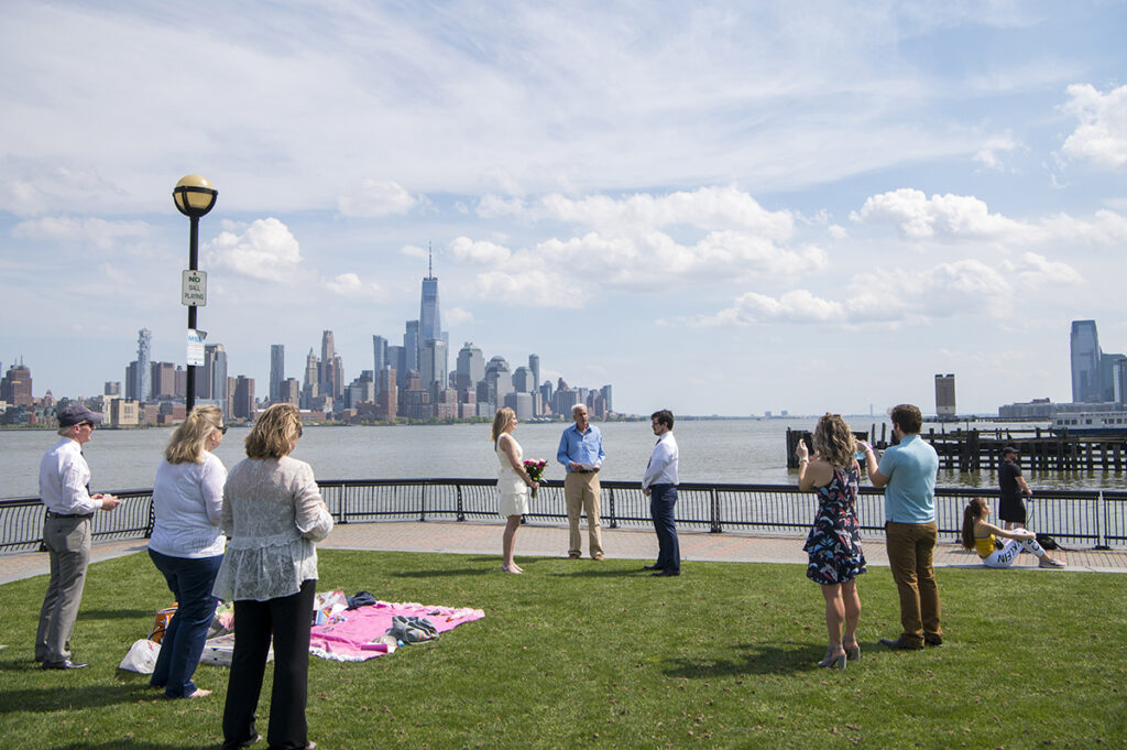 Socially distanced micro wedding ceremony on Pier A in Hoboken