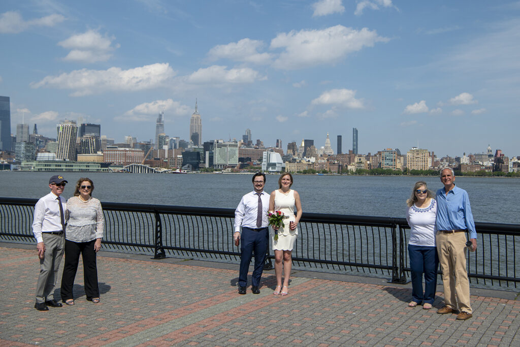 Socially distanced micro wedding family photos on Pier A in Hoboken