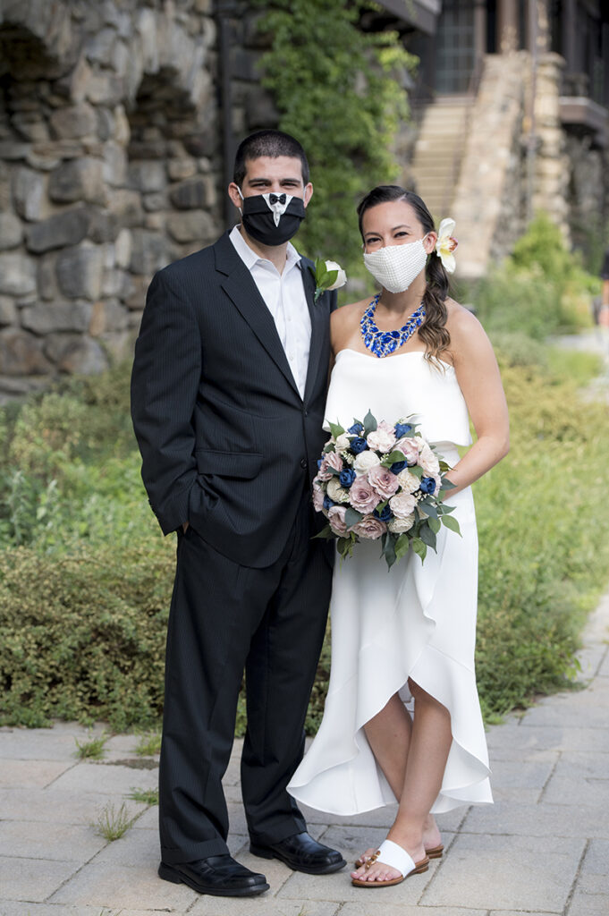 bride and groom wearing masks for the Bear Mountain wedding in Hudson Valley during the pandemic