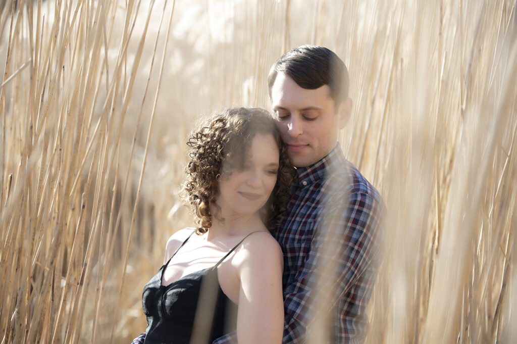 engaged couple at Hartshorne Woods Park. Engagement photos