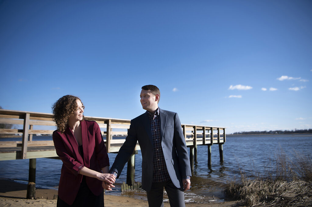 engaged couple at Hartshorne Woods Park. Engagement photos