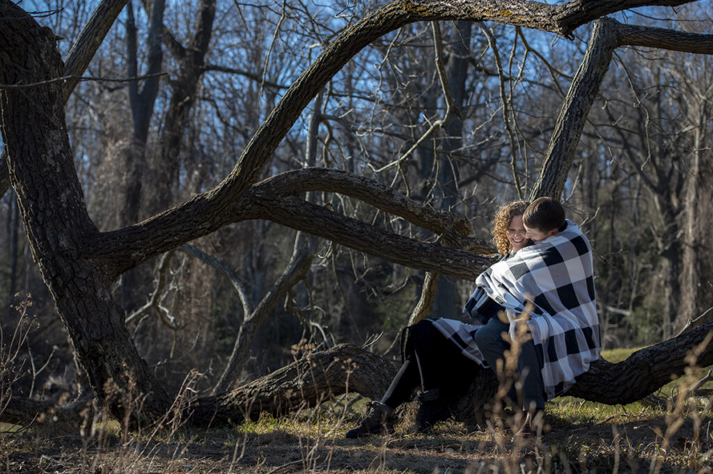 engaged couple at Hartshorne Woods Park. Engagement photos