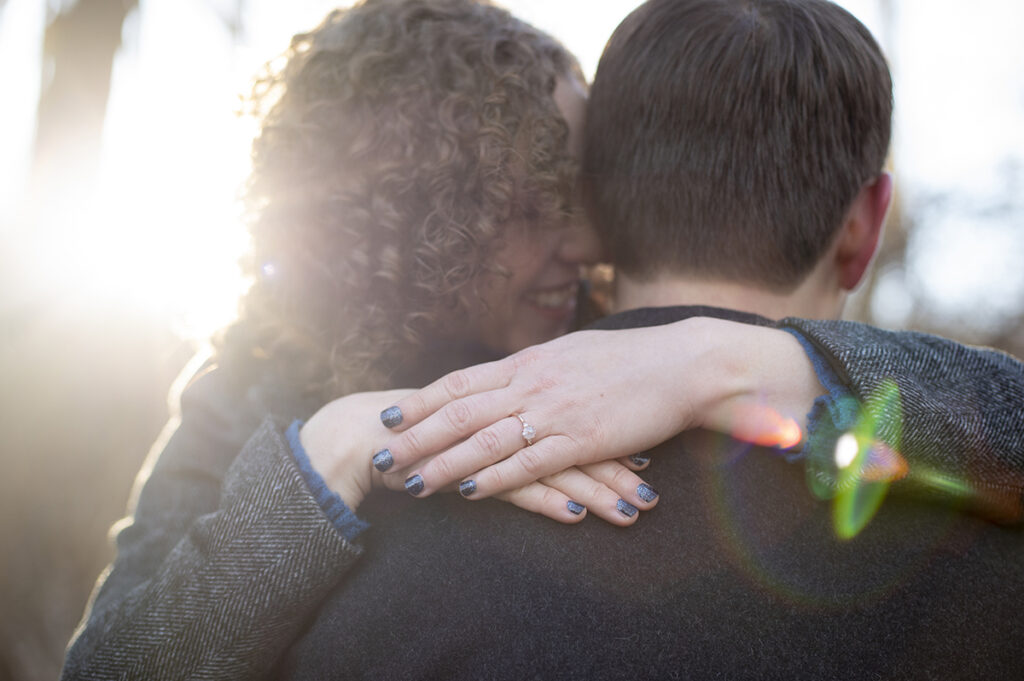 engaged couple at Hartshorne Woods Park. Engagement photos