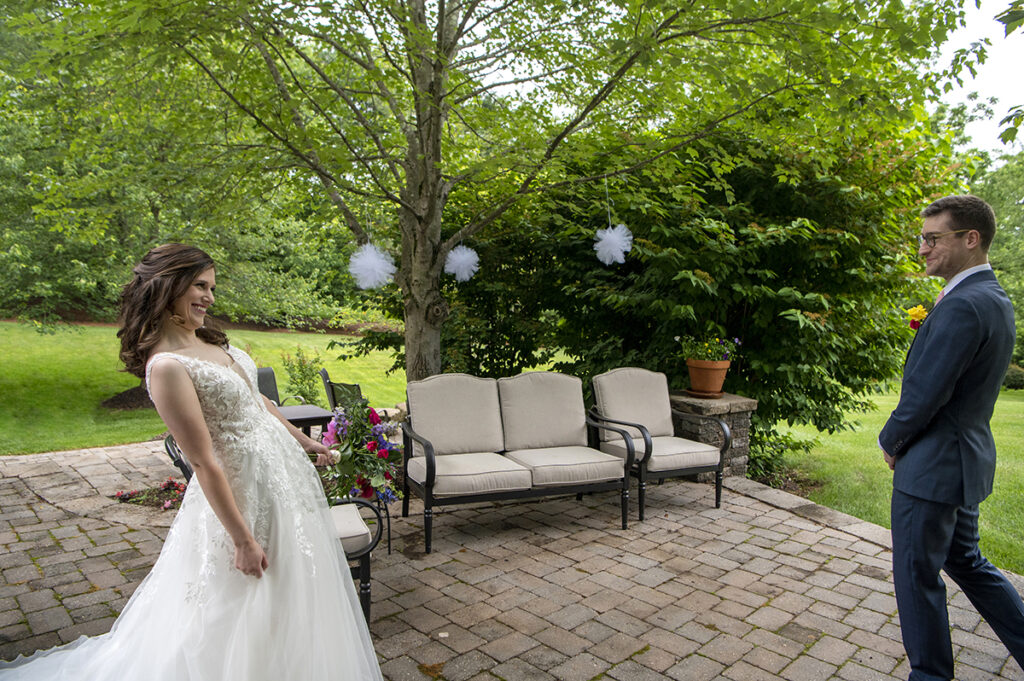bride and groom first look on wedding day in New Hope