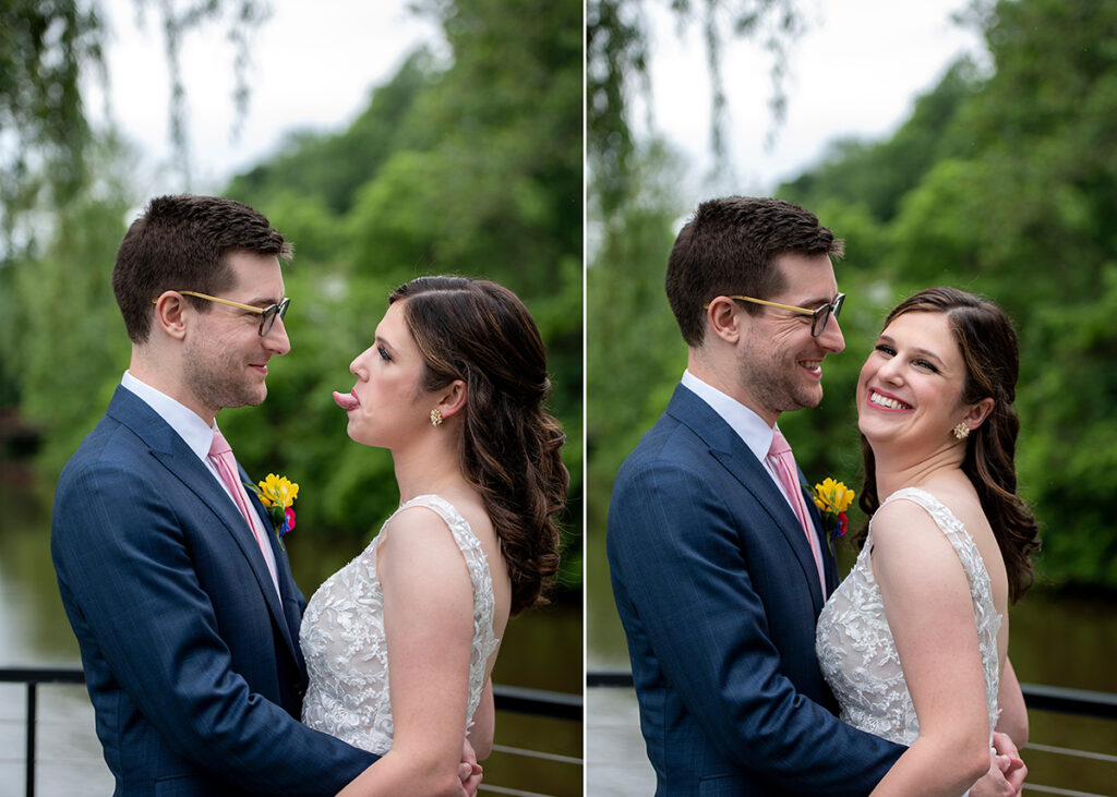 bride and groom on wedding day at River House at Odette’s in New Hope.