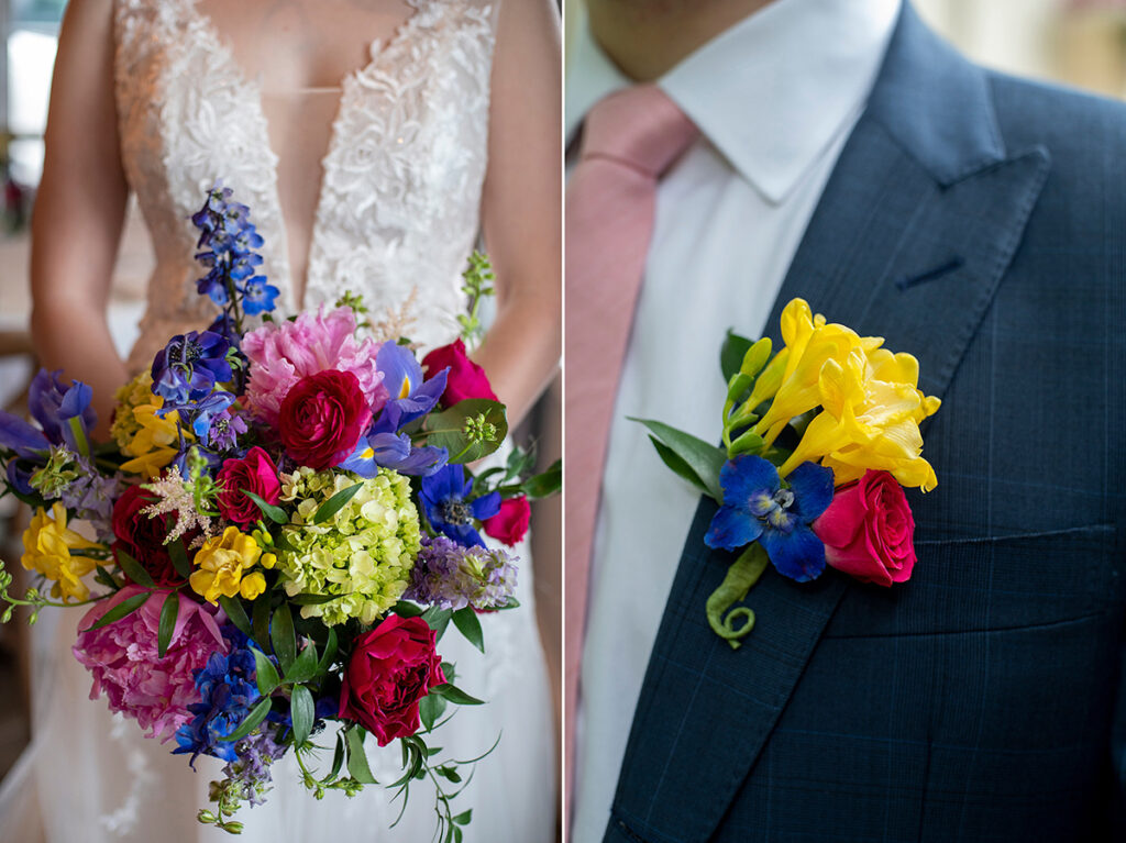 wedding bouquet on wedding day at River House at Odette’s in New Hope.