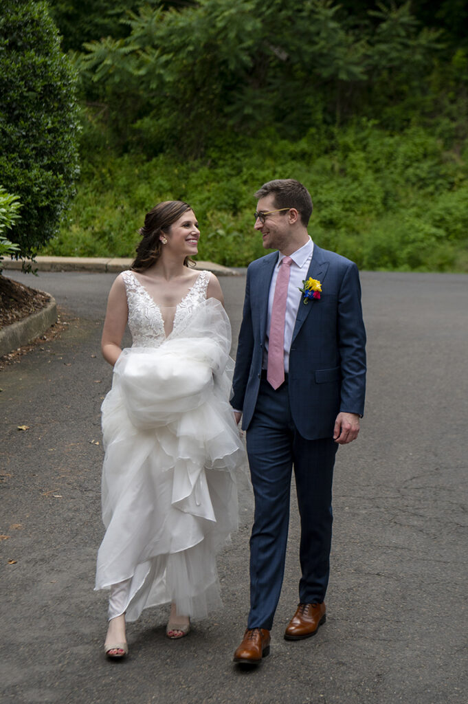 bride and groom on wedding day at River House at Odette’s in New Hope.