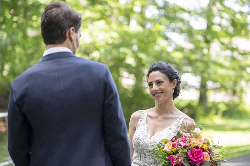 bride and groom first look on their wedding day at Belle Voir Manor at Pen Ryn Estate