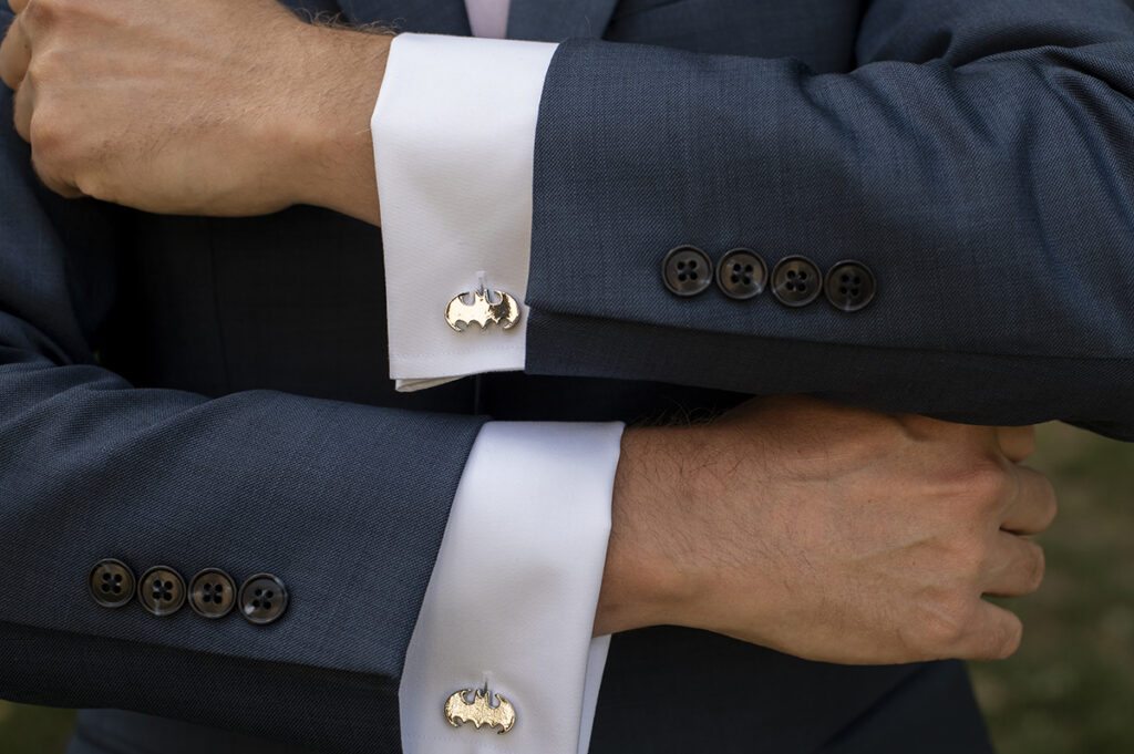 batman cufflinks on groom at Atlantic Highlands wedding