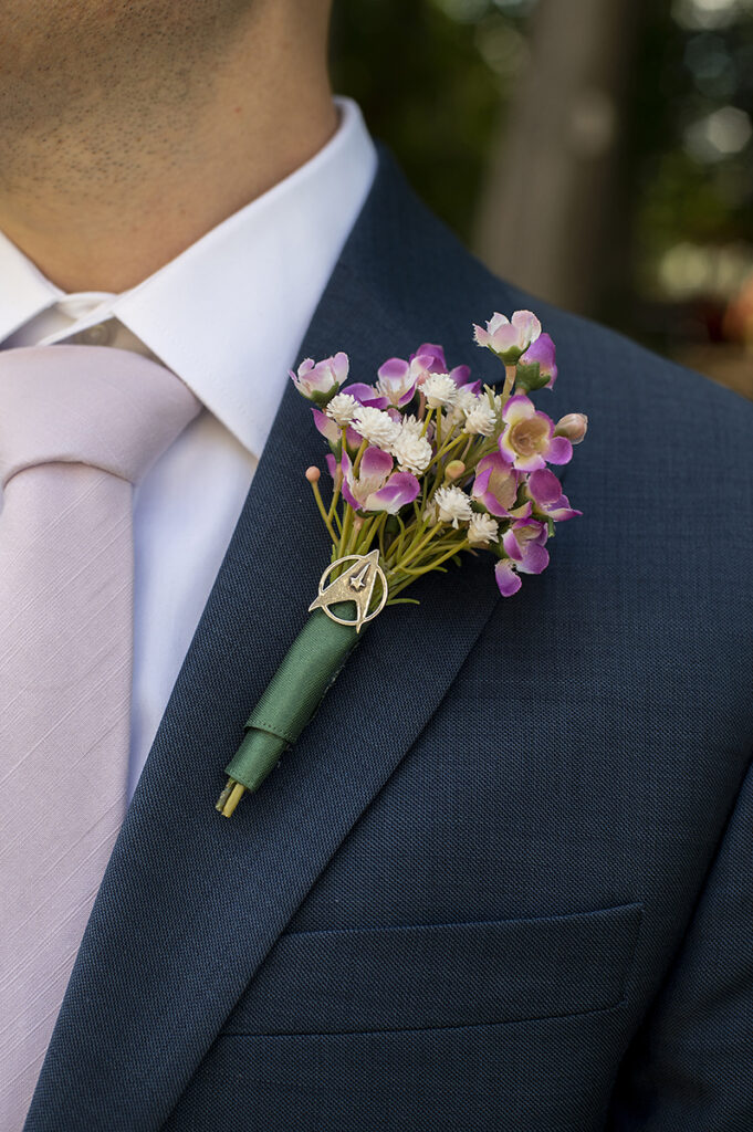 star trek pin on groom at Atlantic Highlands wedding