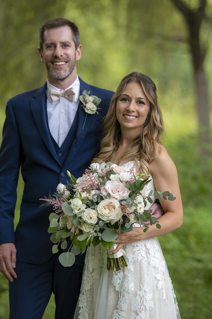 bride and groom on their wedding day at Hotel du Village wedding