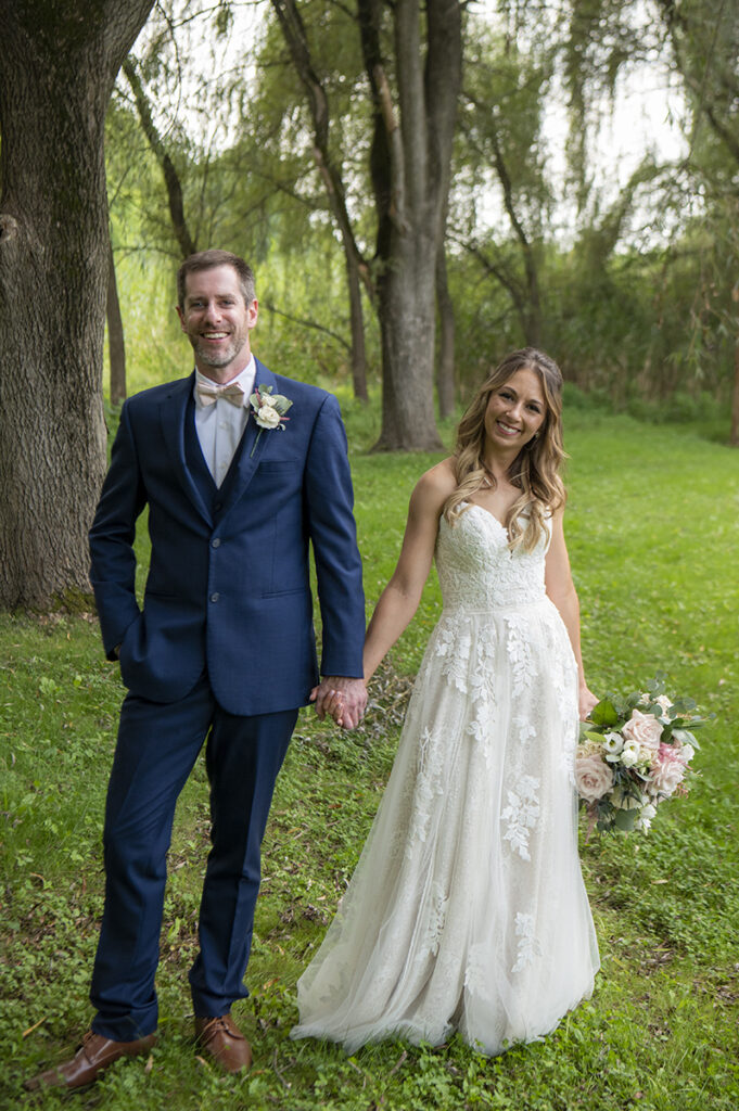 bride and groom on their wedding day at Hotel du Village wedding