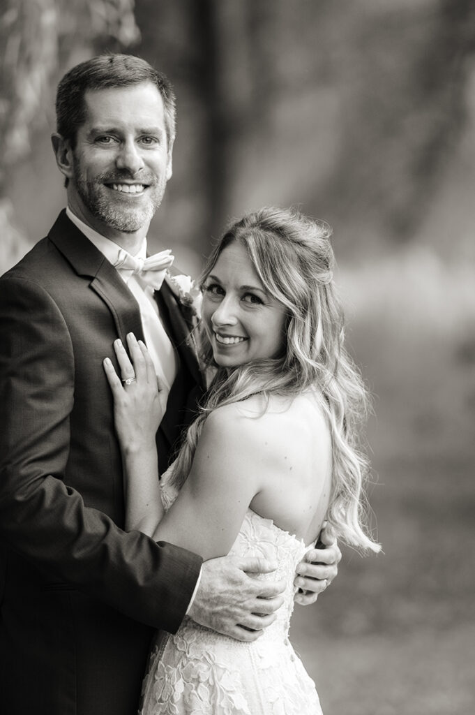 bride and groom on their wedding day at Hotel du Village wedding