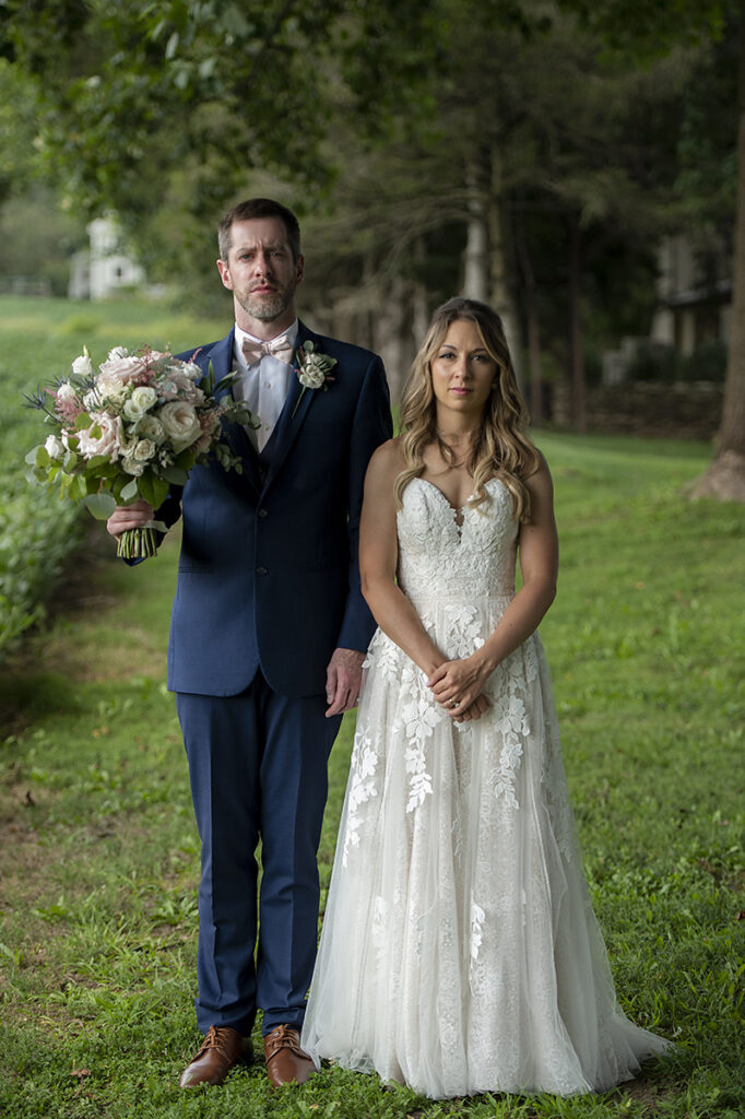 bride and groom on their wedding day at Hotel du Village wedding