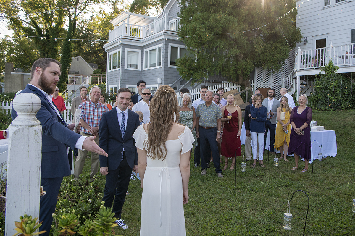 bride and groom at Oyster Bay backyard wedding ceremony
