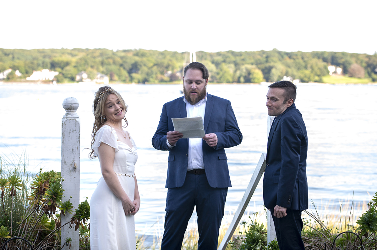 bride and groom at Oyster Bay backyard wedding ceremony
