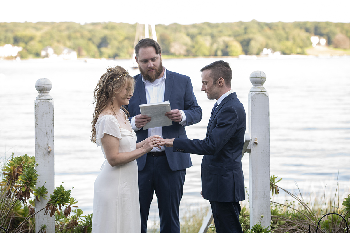 bride and groom at Oyster Bay backyard wedding ceremony