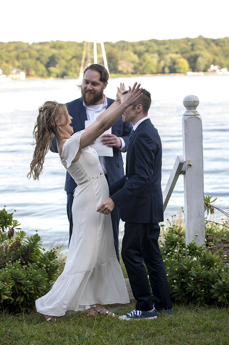 bride and groom at Oyster Bay backyard wedding ceremony