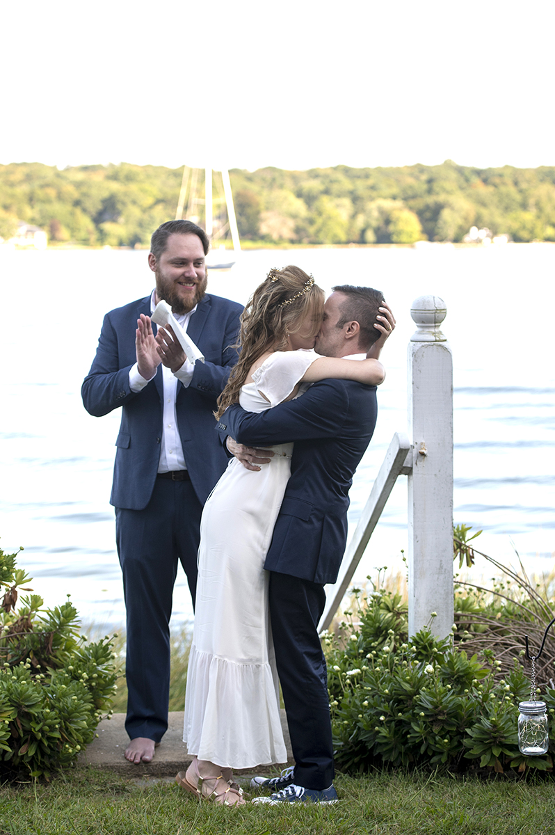 bride and groom at Oyster Bay backyard wedding ceremony