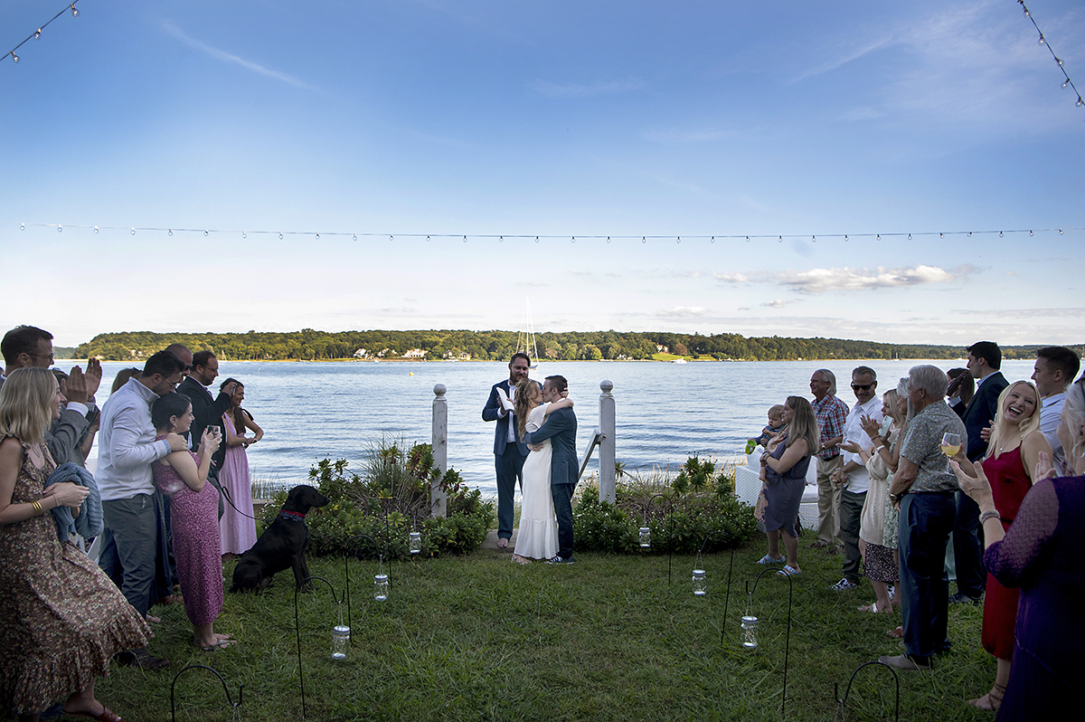 bride and groom at Oyster Bay backyard wedding ceremony