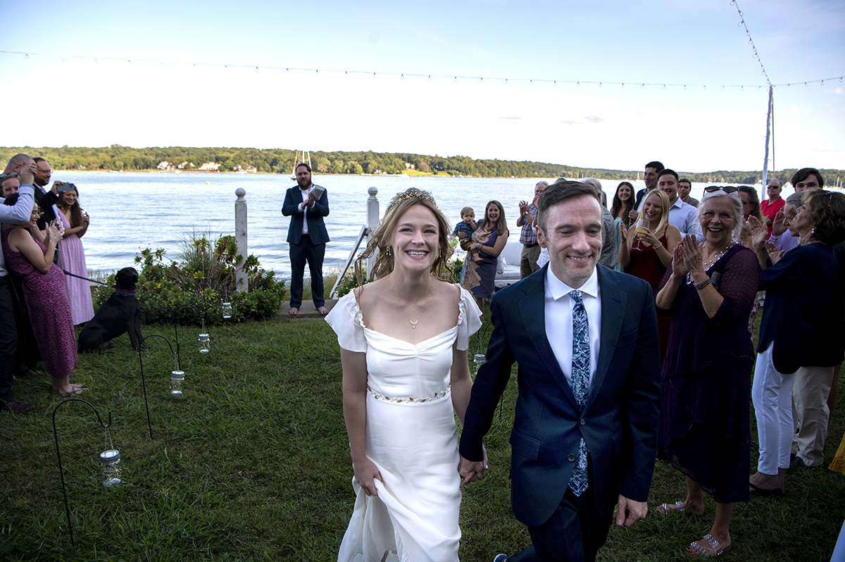 bride and groom at Oyster Bay backyard wedding ceremony