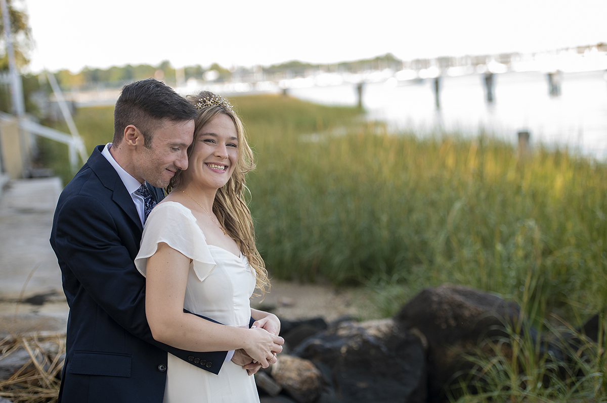 bride and groom portrait at Oyster Bay backyard wedding