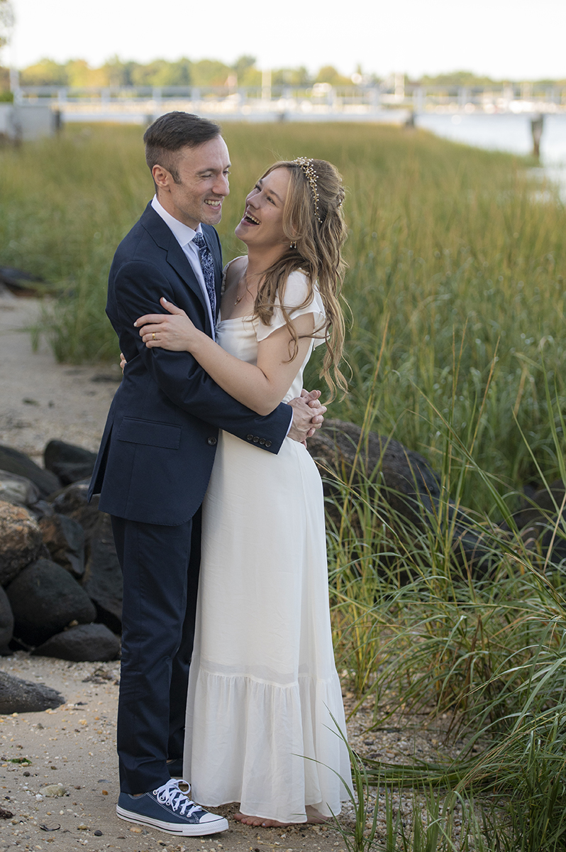 bride and groom portrait at Oyster Bay backyard wedding