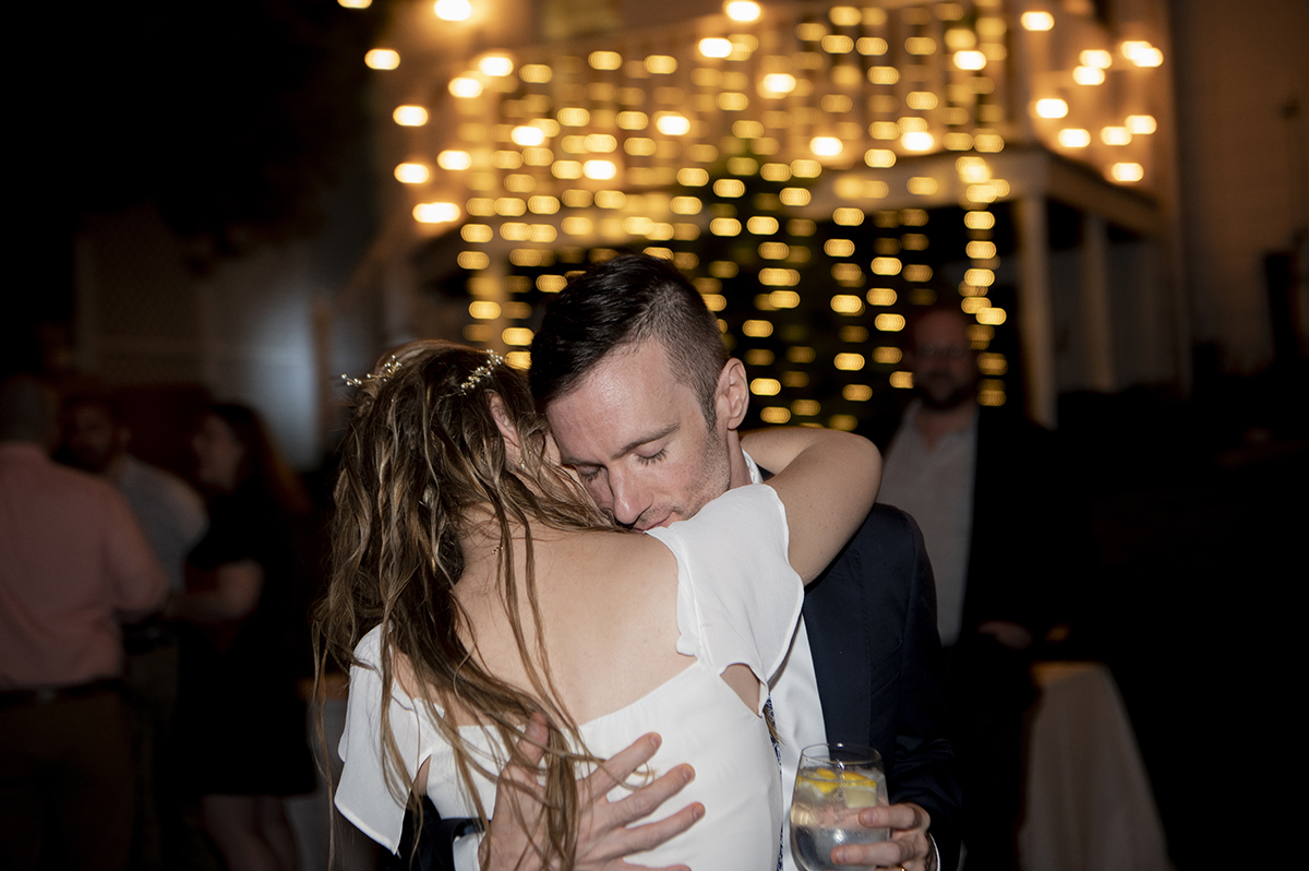 bride and groom dancing at Oyster Bay backyard wedding reception