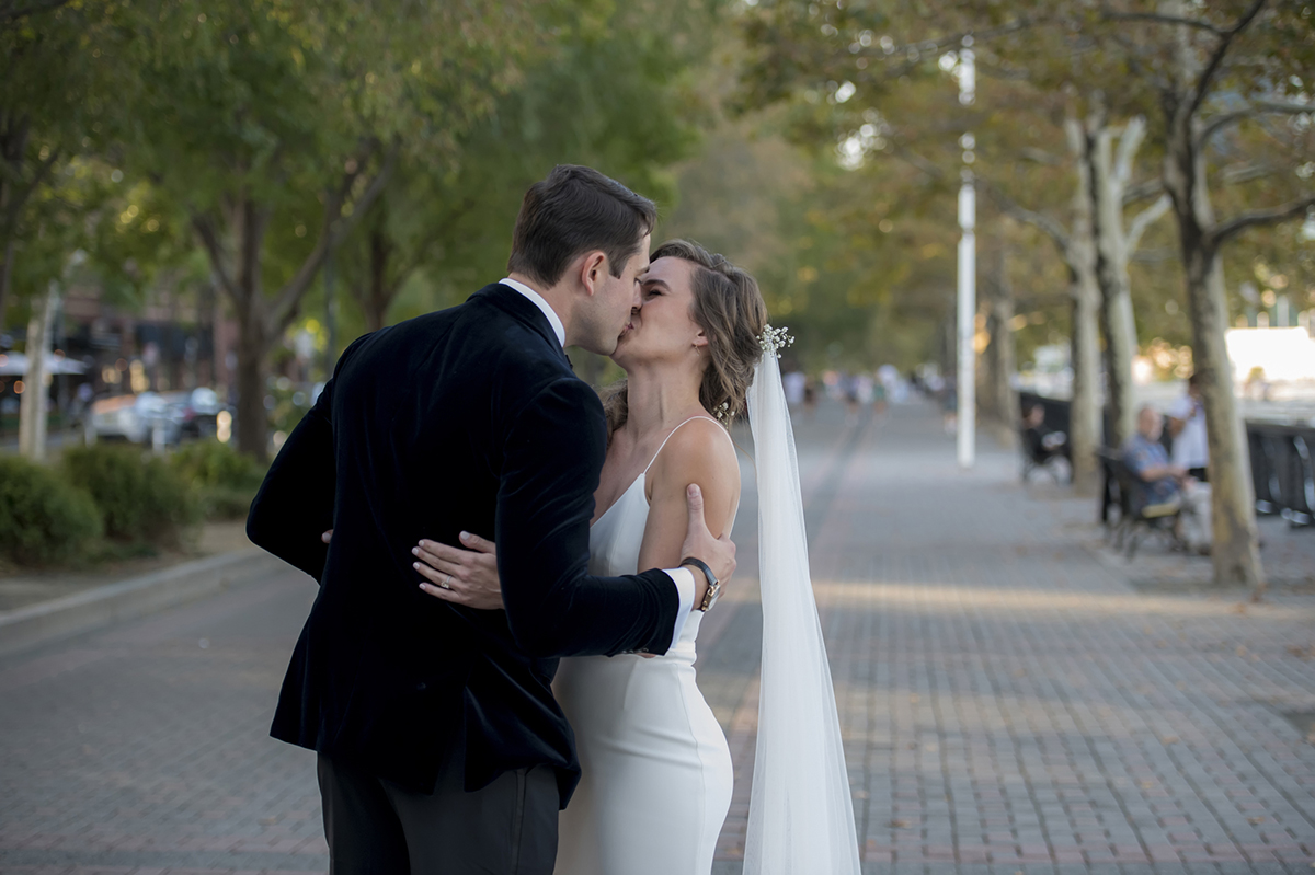 bride and groom in Hoboken on their wedding day