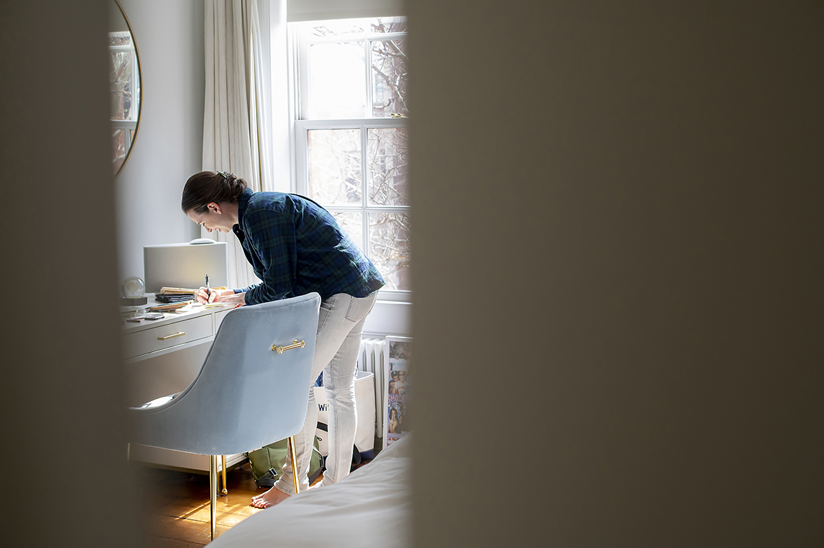 bride getting ready for her West Village intimate backyard wedding in NYC