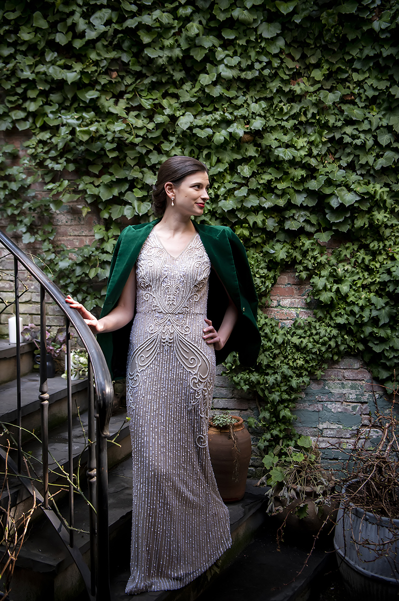 bridal portrait before her West Village intimate backyard wedding in NYC. LGBTQ wedding