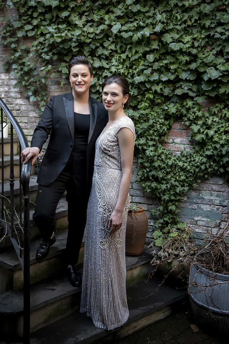 2 brides wedding portraits before their West Village intimate backyard wedding in NYC. LGBTQ wedding