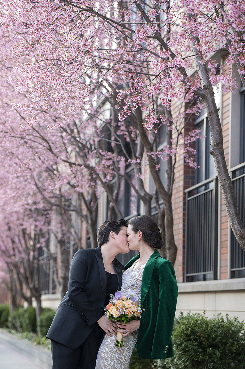 2 brides wedding portraits after their West Village intimate backyard wedding in NYC. LGBTQ wedding