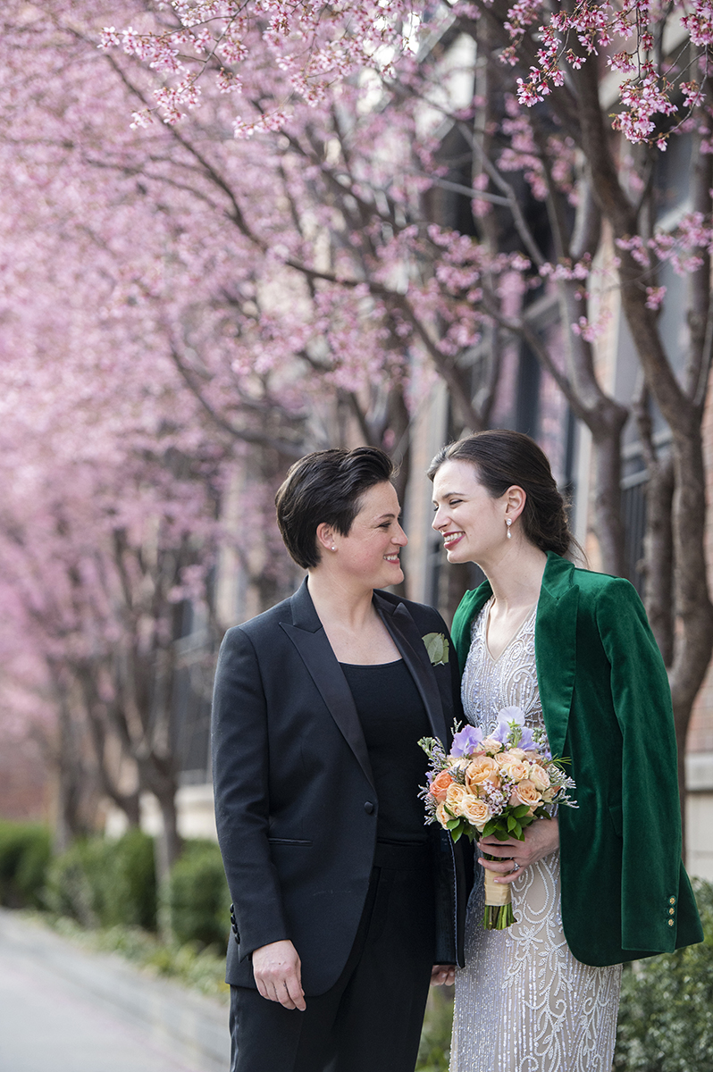 2 brides wedding portraits after their West Village intimate backyard wedding in NYC. LGBTQ wedding