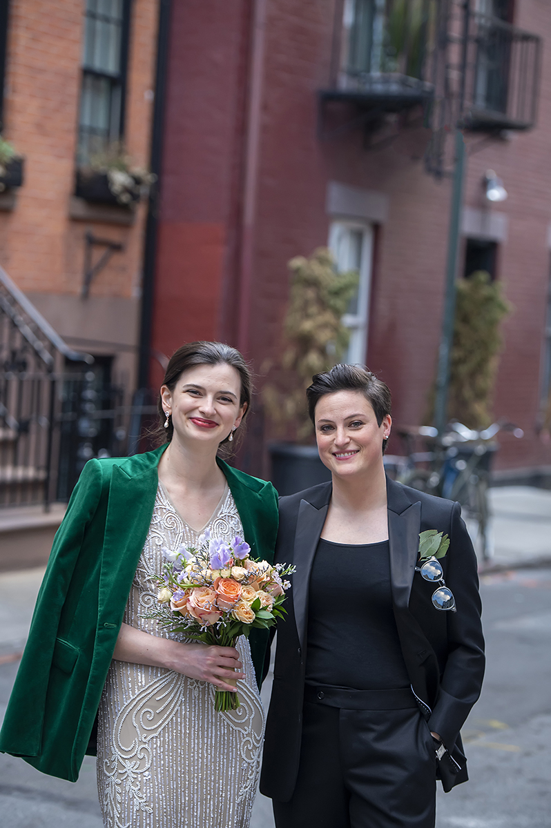 2 brides wedding portraits after their West Village intimate backyard wedding in NYC. LGBTQ wedding