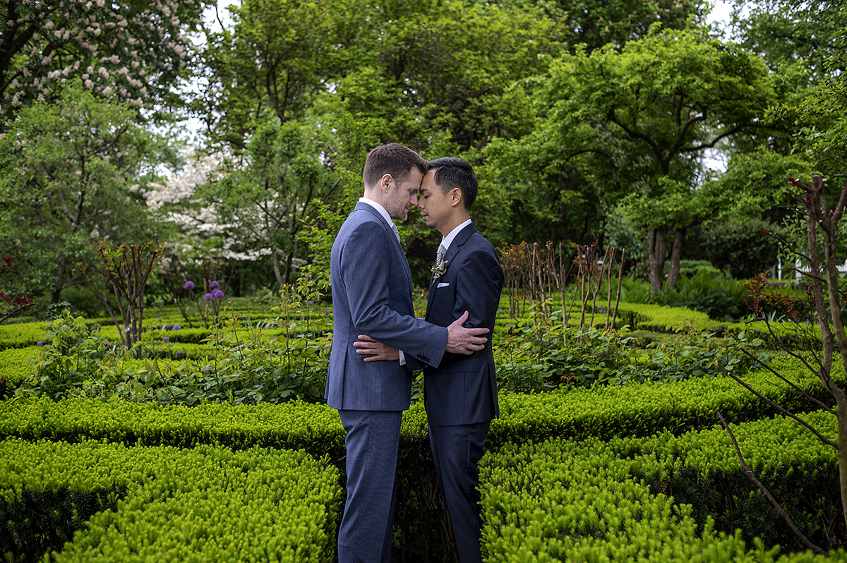 two grooms on wedding day at Liberty Hall Museum