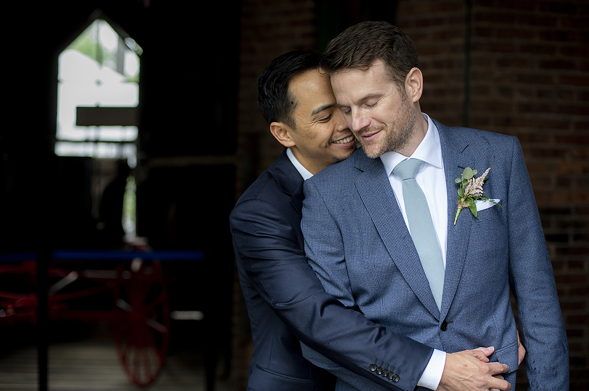 two grooms on wedding day at Liberty Hall Museum