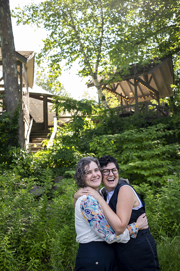 Two brides on their wedding day at Catamount at Emerson Lodge in the Catskills. LGBTQ wedding