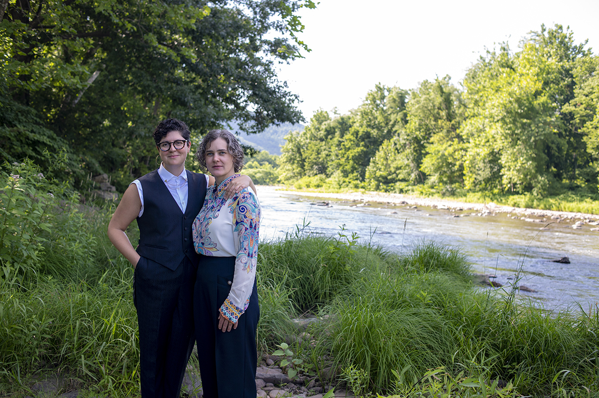 Two brides on their wedding day at Catamount at Emerson Lodge in the Catskills. LGBTQ wedding