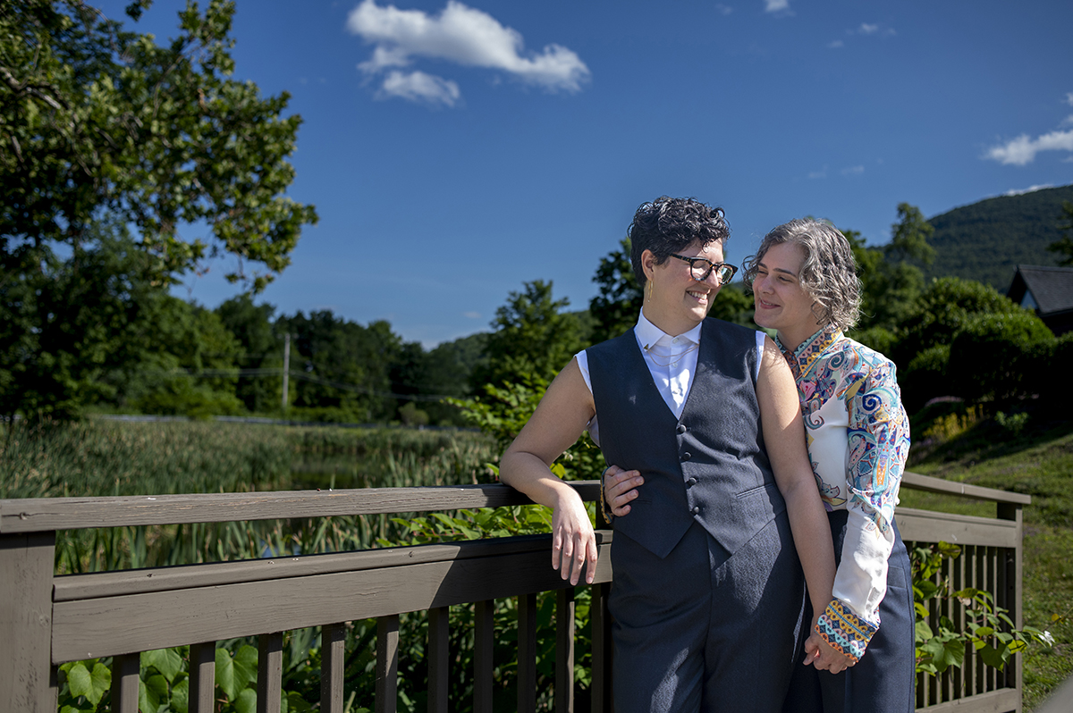 Two brides on their wedding day at Catamount at Emerson Lodge in the Catskills. LGBTQ wedding