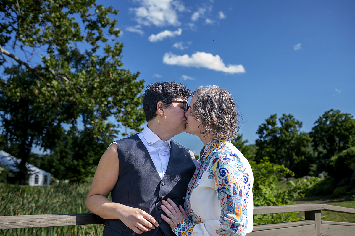 Two brides on their wedding day at Catamount at Emerson Lodge in the Catskills. LGBTQ wedding