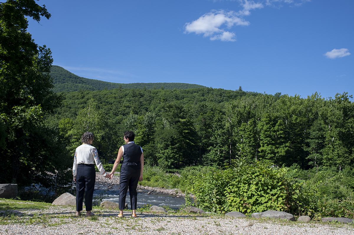 Two brides on their wedding day at Catamount at Emerson Lodge in the Catskills. LGBTQ wedding