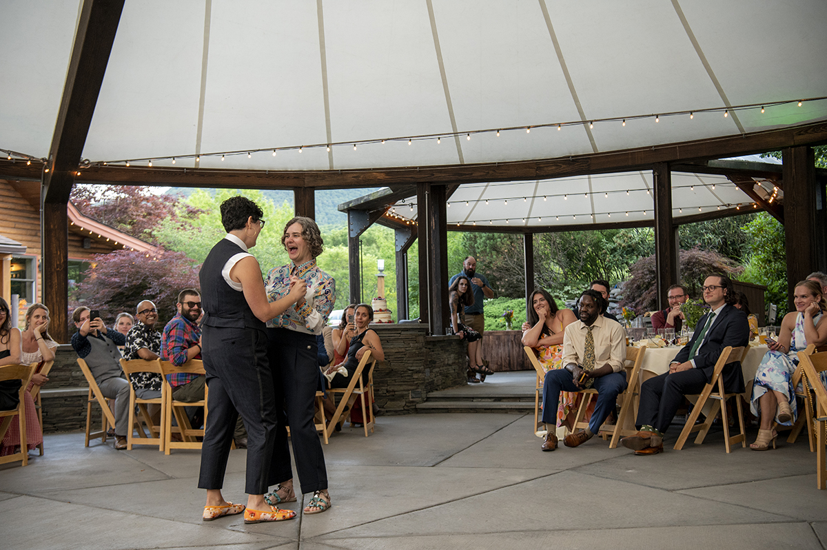 brides' first dance during their wedding reception at Catamount at Emerson Lodge in the Catskills. LGBTQ wedding