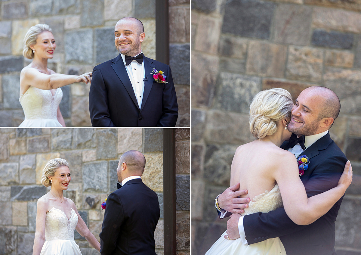 bride and groom first look at summer wedding at Temple Emanu-El in Closter