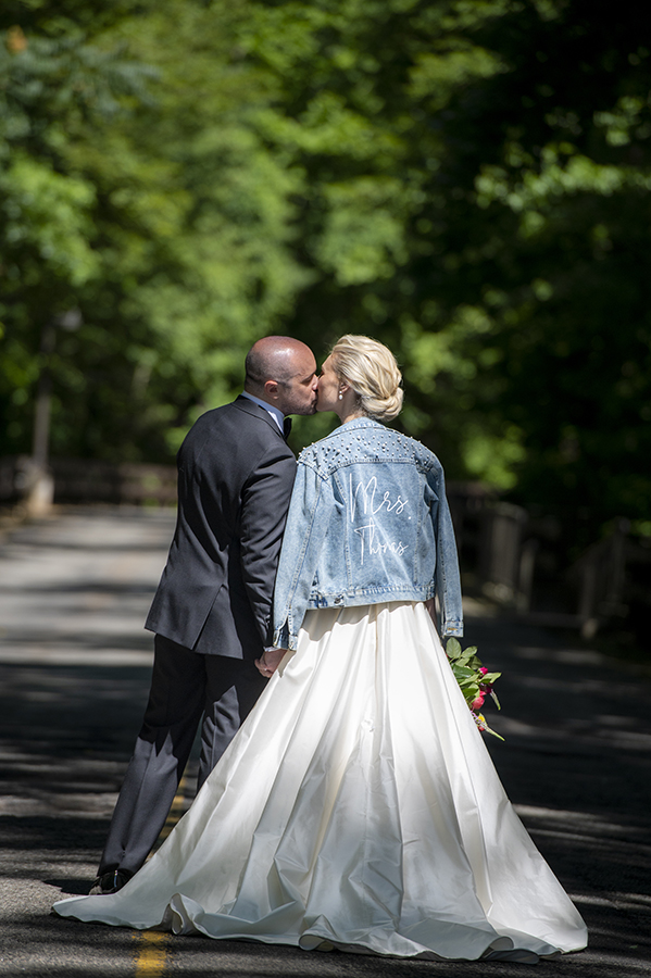 bride and groom portraits at summer wedding at Temple Emanu-El in Closter