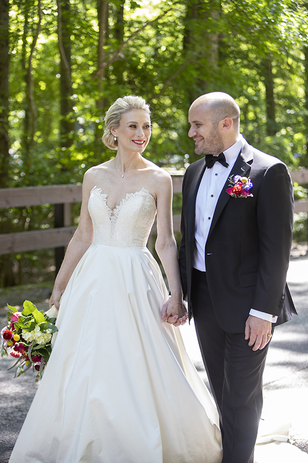 bride and groom portraits at summer wedding at Temple Emanu-El in Closter