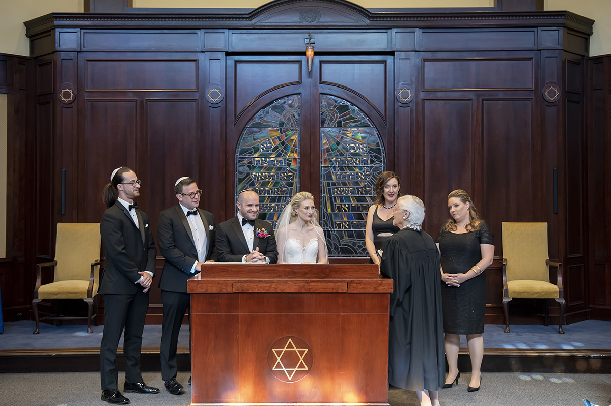wedding ceremony at summer wedding at Temple Emanu-El in Closter