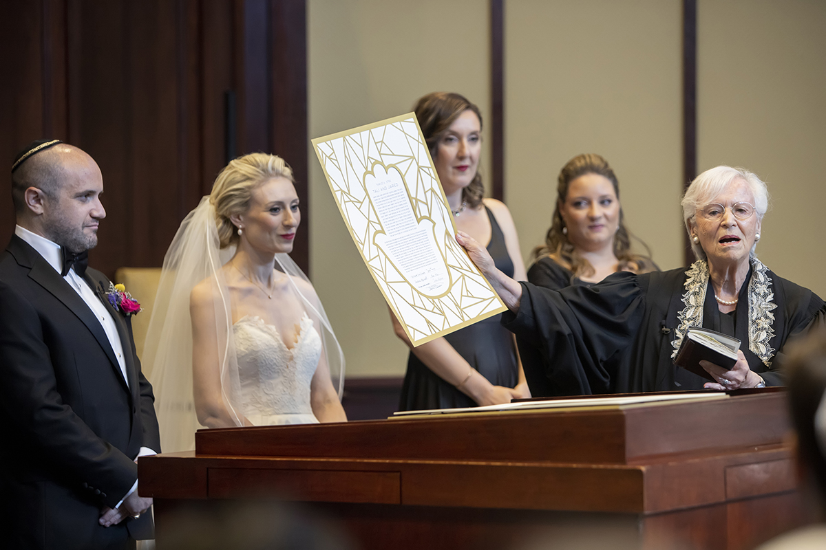wedding ceremony at summer wedding at Temple Emanu-El in Closter