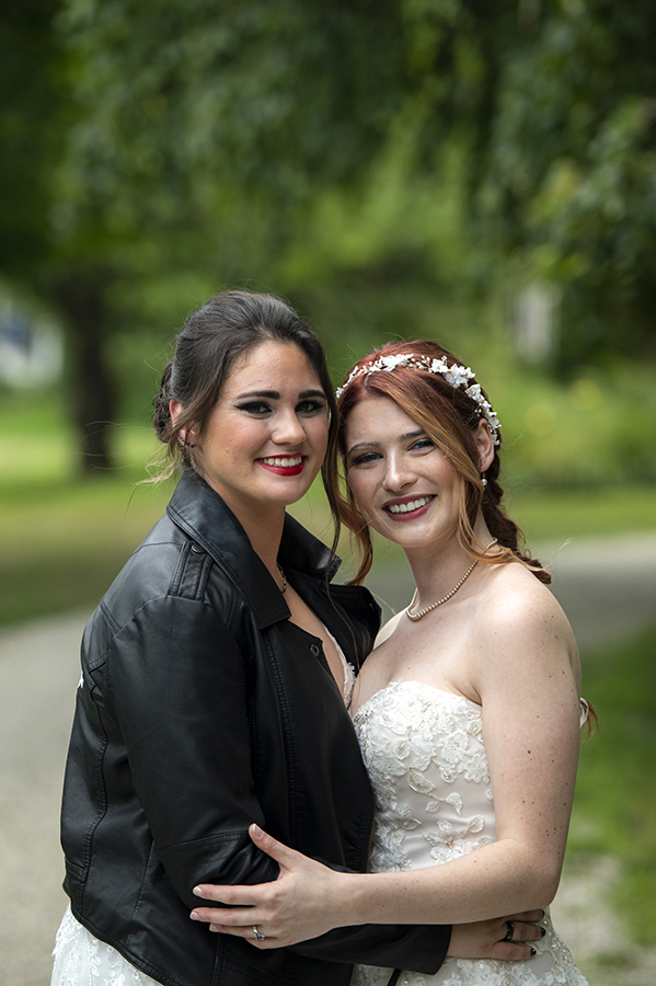 brides posing for portraits before their Crossed Keys Estate Wedding